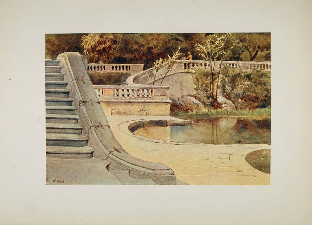 1905 Print Roman Baths Jardin de Fontaine Nimes France - ORIGINAL VN1