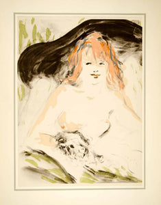 1941 Hand-Colored Lithograph Marcel Vertes Art Nini La Rousse Nude Portrait Dog