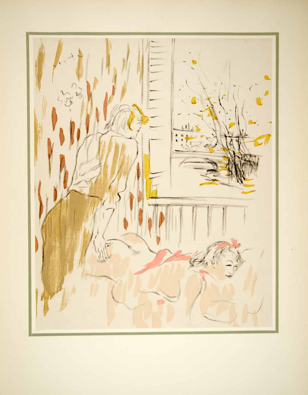 1941 Hand-Colored Lithograph Marcel Vertes Art Nude Bed After the