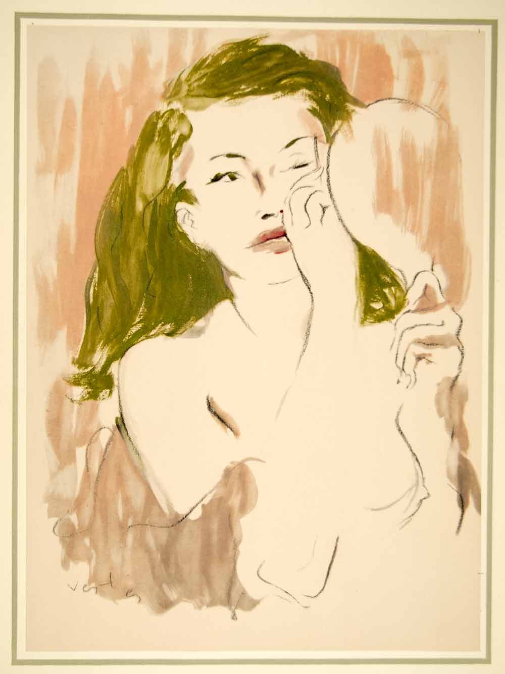 1941 Hand-Colored Lithograph Marcel Vertes Art Raised Eyebrows Nude Hand Mirror