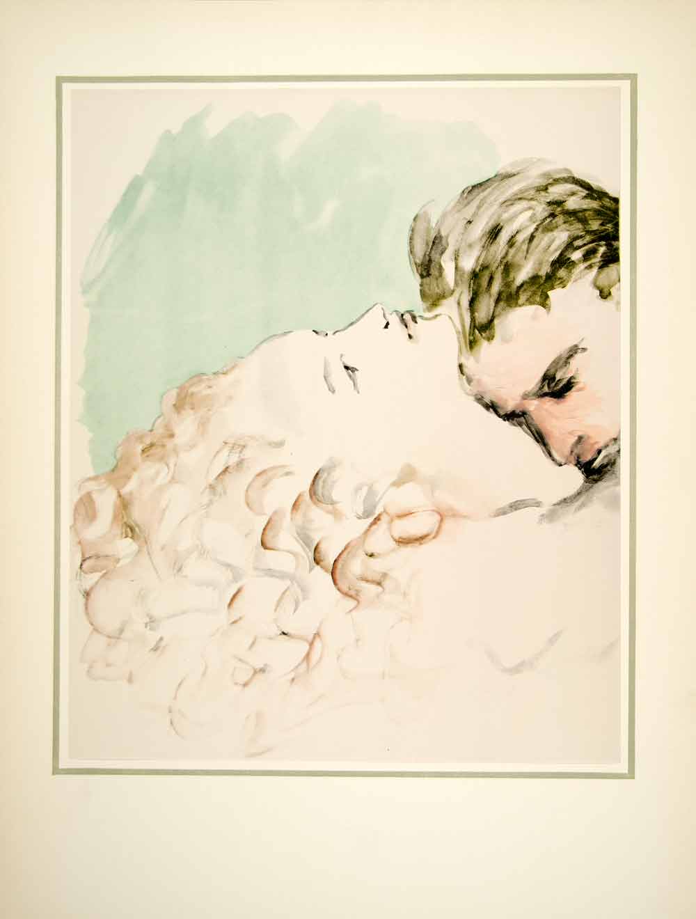 1941 Hand-Colored Lithograph Marcel Vertes Art Lovers Kiss Romance Man Woman