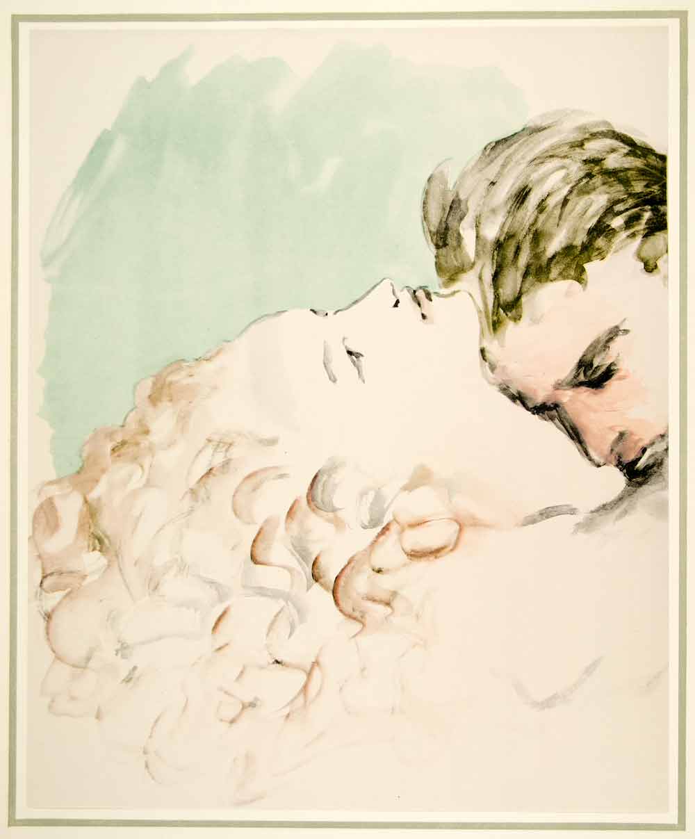 1941 Hand-Colored Lithograph Marcel Vertes Art Lovers Kiss Romance Man Woman