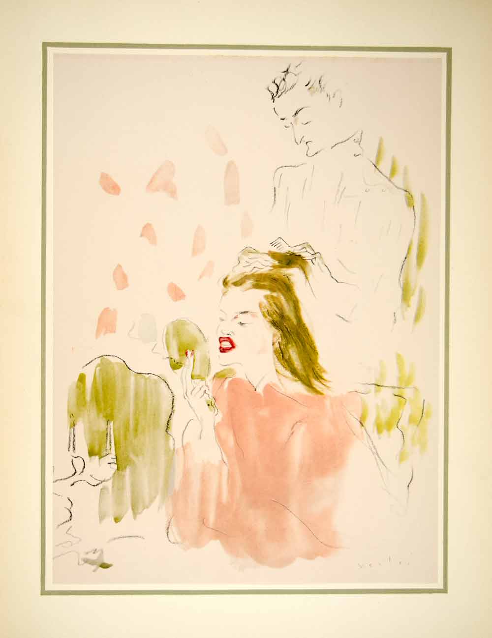 1941 Hand-Colored Lithograph Marcel Vertes Art Woman Lips Vanity