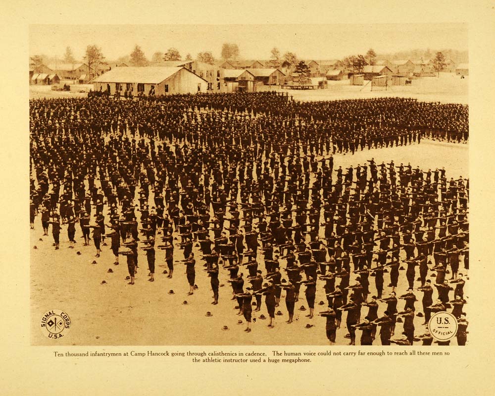 1920 Rotogravure WWI Camp Hancock Georgia Army Infantrymen Calisthenics P WAR1