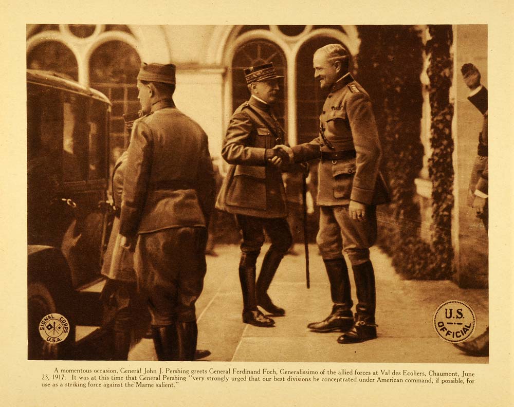 1920 Rotogravure WWI General Pershing Ferdinand Fock Handshake France WAR1