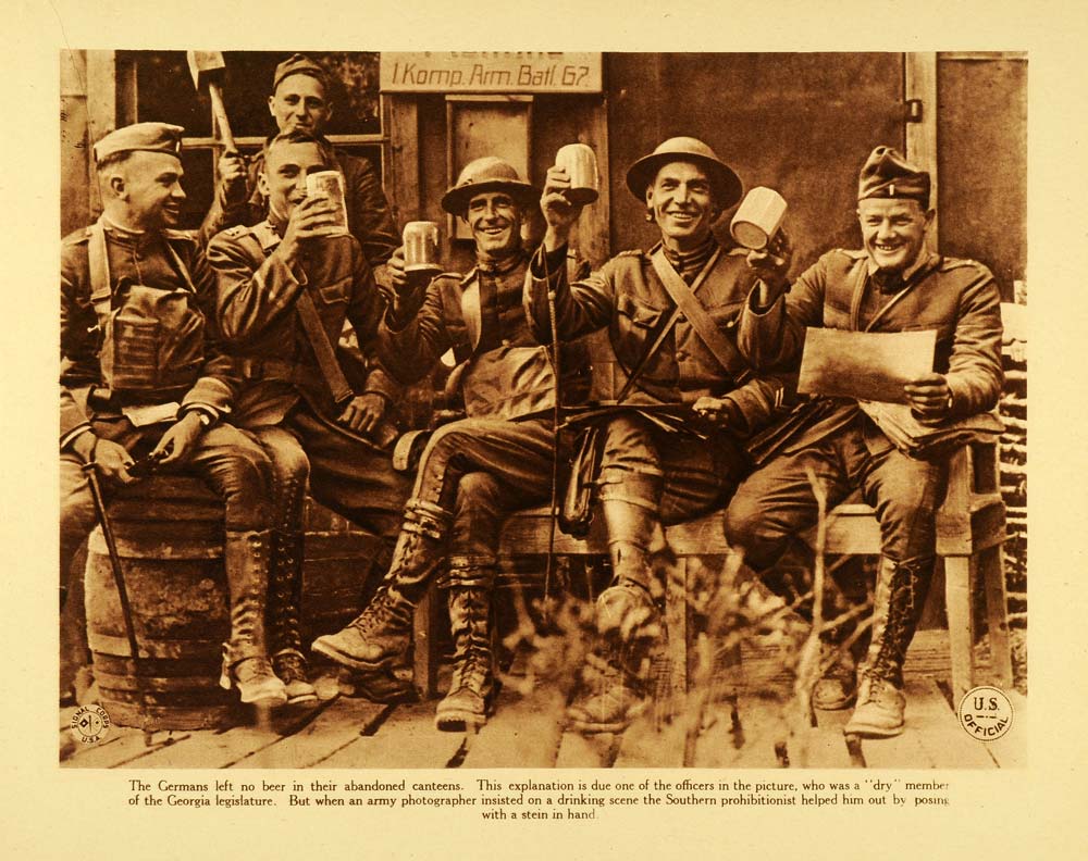 1920 Rotogravure WWI American Officers Drinking Beer War Southern WAR1