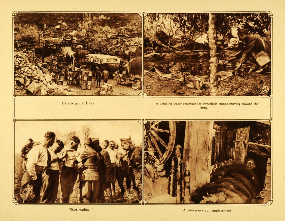 1920 Rotogravure WWI Wartime Scenes Esnes Traffic Jam Drinking Water WAR1
