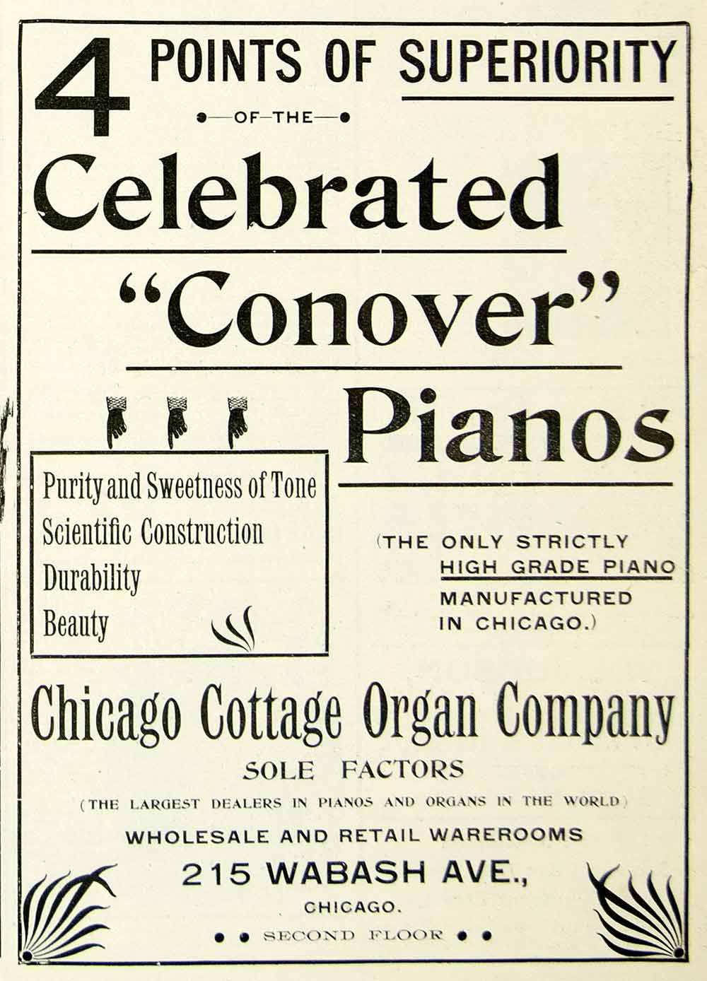 1893 Ad Conover Piano Chicago Cottage Organ 215 Wabash Avenue Musical WCE1