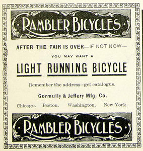 1893 Antique Advertising Rambler Bicycles Gormully Jeffery Co Art Nouveau WCE1