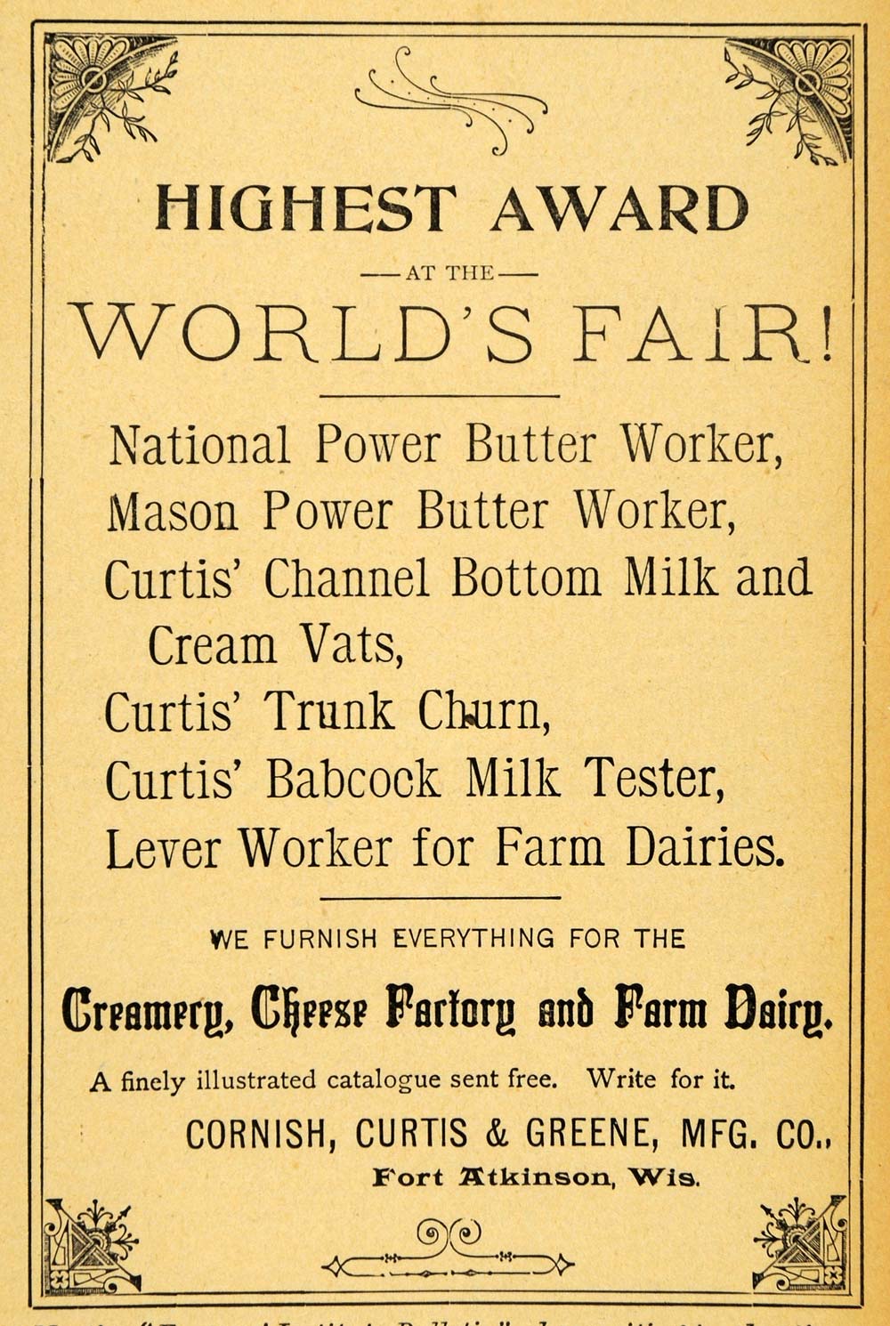 1893 Ad Cornish Curtis Greene Fort Atkinson WI Creamery - ORIGINAL WFI1