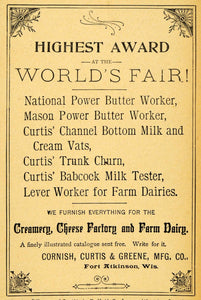 1893 Ad Cornish Curtis Greene Fort Atkinson WI Creamery - ORIGINAL WFI1