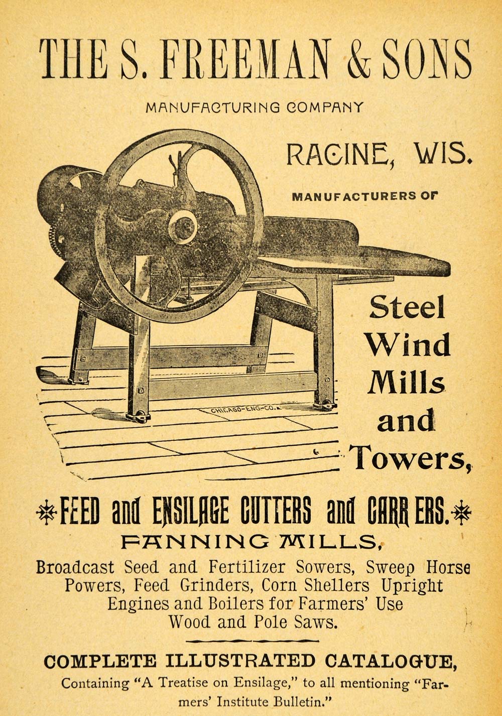 1893 Ad S. Freeman Fanning Mill Ensilage Cutter Racine - ORIGINAL WFI1
