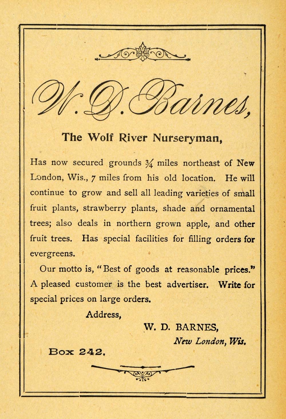 1893 Ad W. D. Barnes New London Wis. Wolf River Nursery - ORIGINAL WFI1