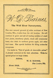 1893 Ad W. D. Barnes New London Wis. Wolf River Nursery - ORIGINAL WFI1