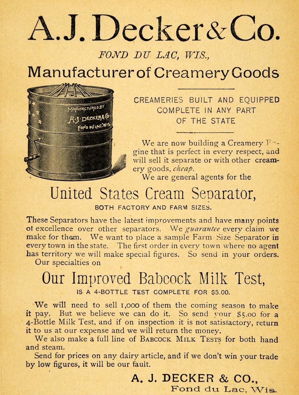 1893 Ad A. J. Decker Cream Separator Babcock Milk Test - ORIGINAL WFI1