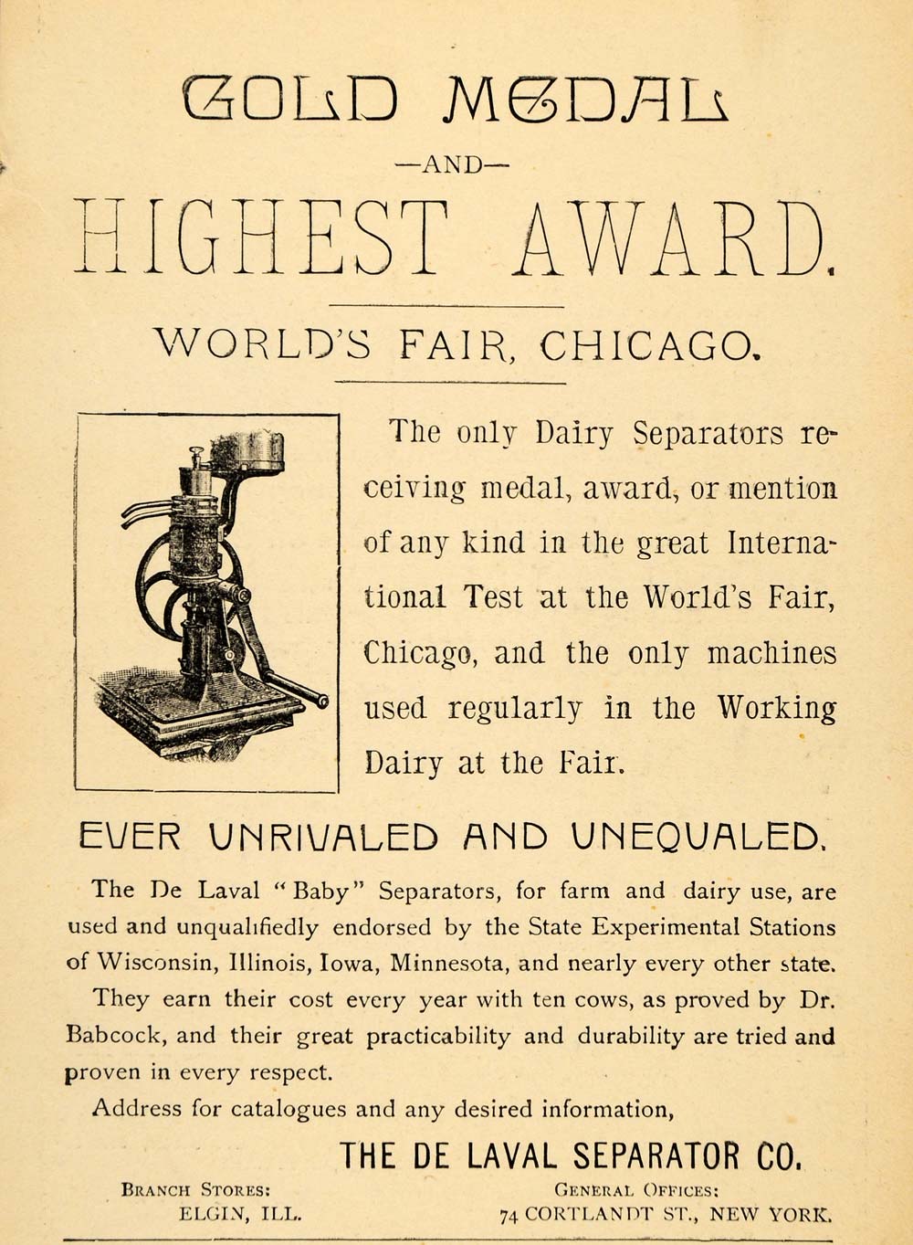 1893 Ad Antique De Laval Baby Dairy Separator Machine - ORIGINAL WFI1