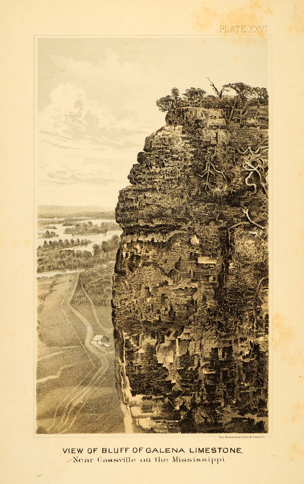 1878 Chromolithograph Limestone Bluff Mississippi River Cassville Wisconsin WG2