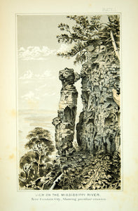 1880 Chromolithograph Rock Erosion Cliff Mississippi River Fountain City WI WG3