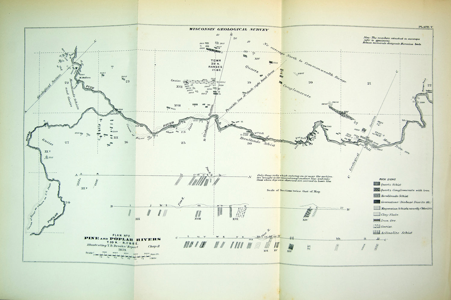 1880 Wood Engraved Map Wisconsin Geological Survey Pine Poplar River Geology WG3
