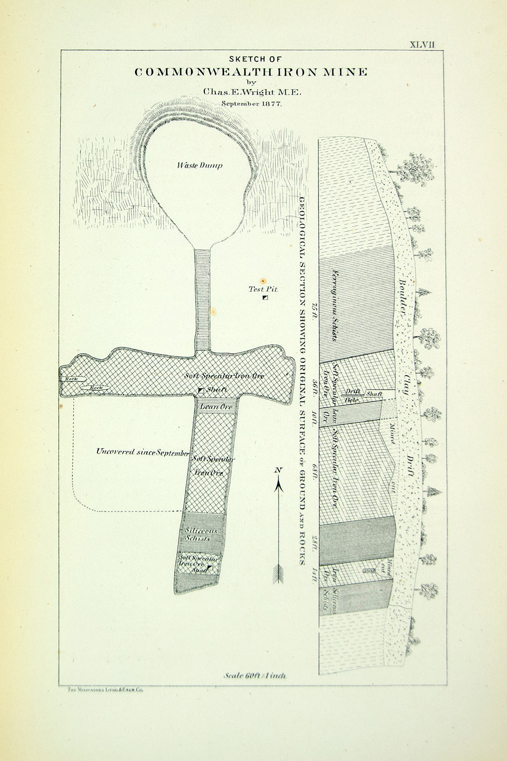 1880 Wood Engraving Commonwealth Iron Mine Florence County Wisconsin Geology WG3