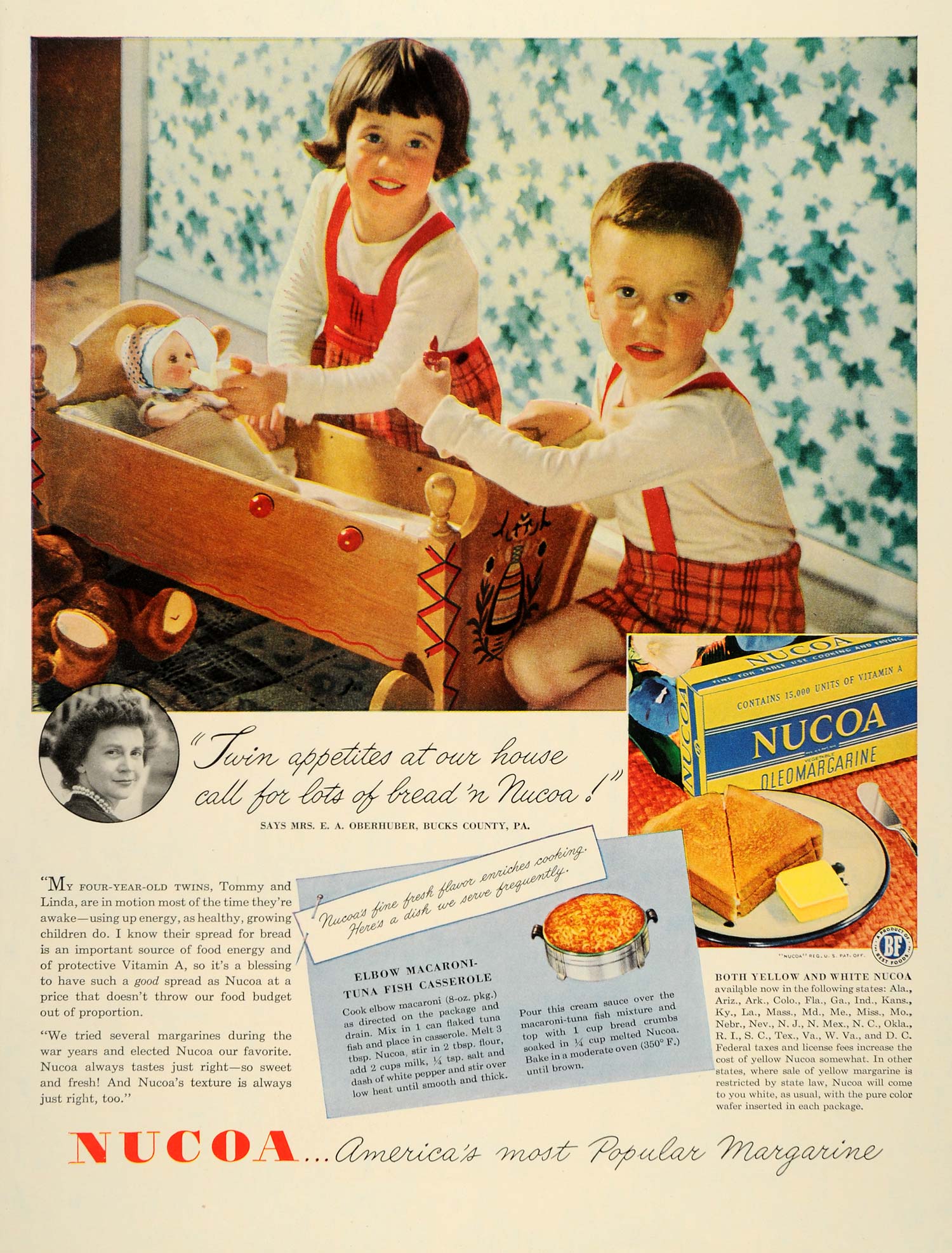 1949 Ad Nucoa Margarine Kid Twins Doll Crib Teddy Bear - ORIGINAL WH1