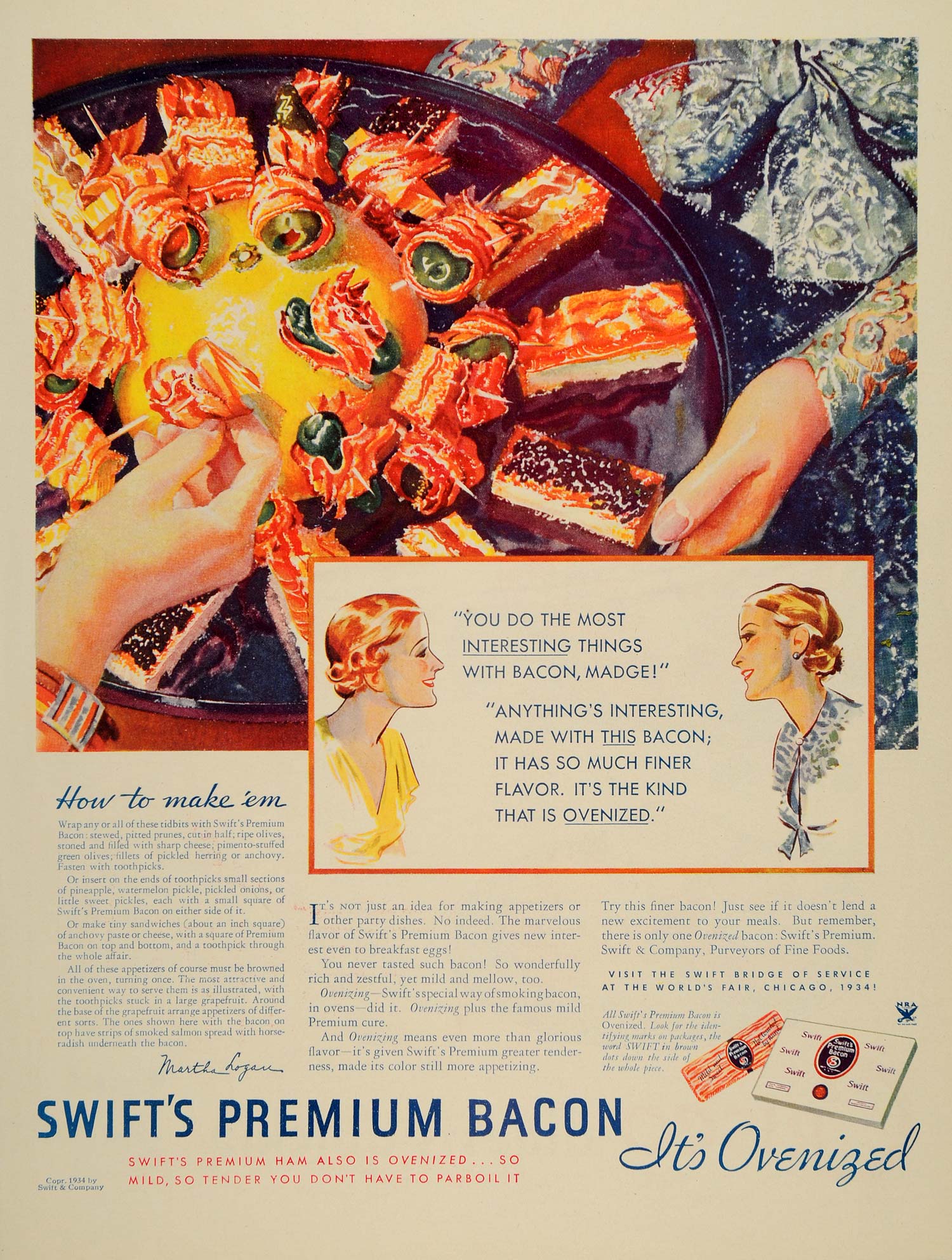 1934 Ad Swift's Premium Bacon Appetizer Party Dishes - ORIGINAL ADVERTISING WH1