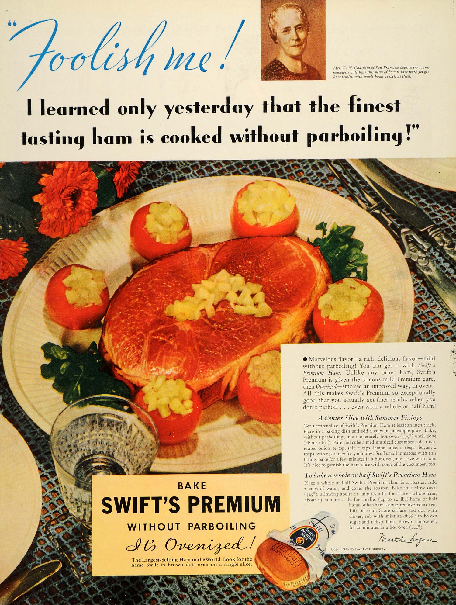 1935 Ad Swift's Premium Toasting Ham Mrs. W N Chatfield - ORIGINAL WH1