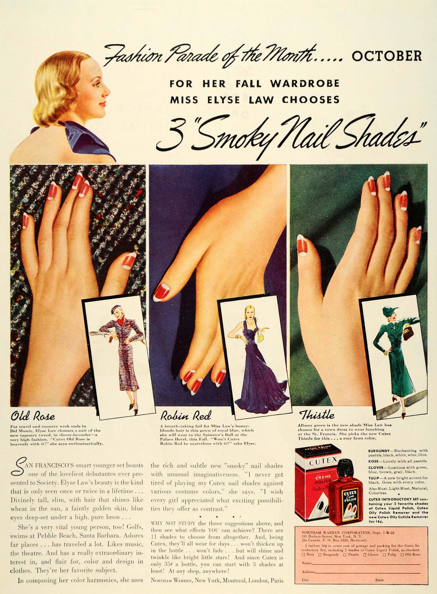 1937 Ad Northam Warren Cutex Nail Polish Shade Manicure - ORIGINAL WH1