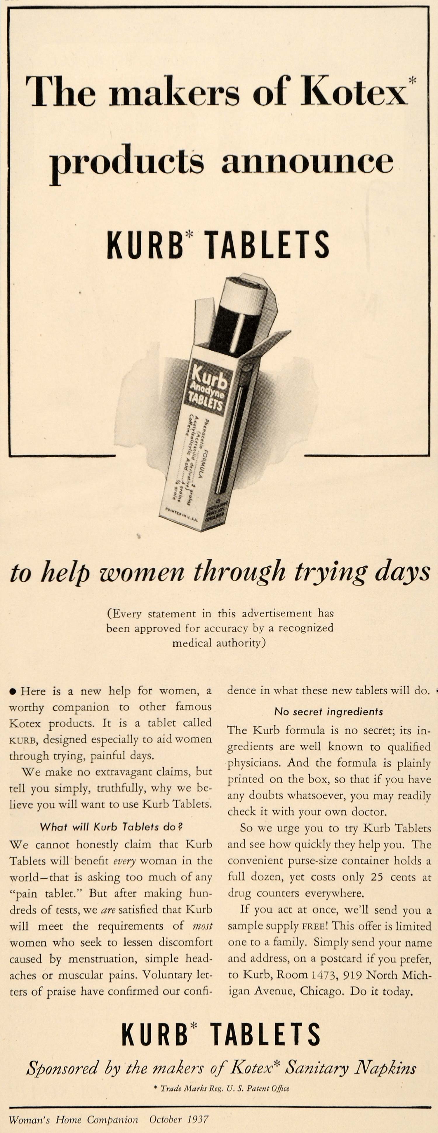 1937 Ad Kotex Kurb Anodyne Tablet Pain Reliever Pills - ORIGINAL ADVERTISING WH1
