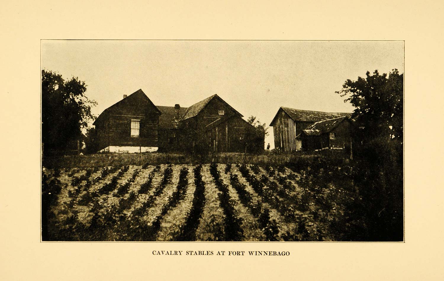 1919 Print Pioneer Trader Fort Winnebago Calvary Stable ORIGINAL HISTORIC WIS1
