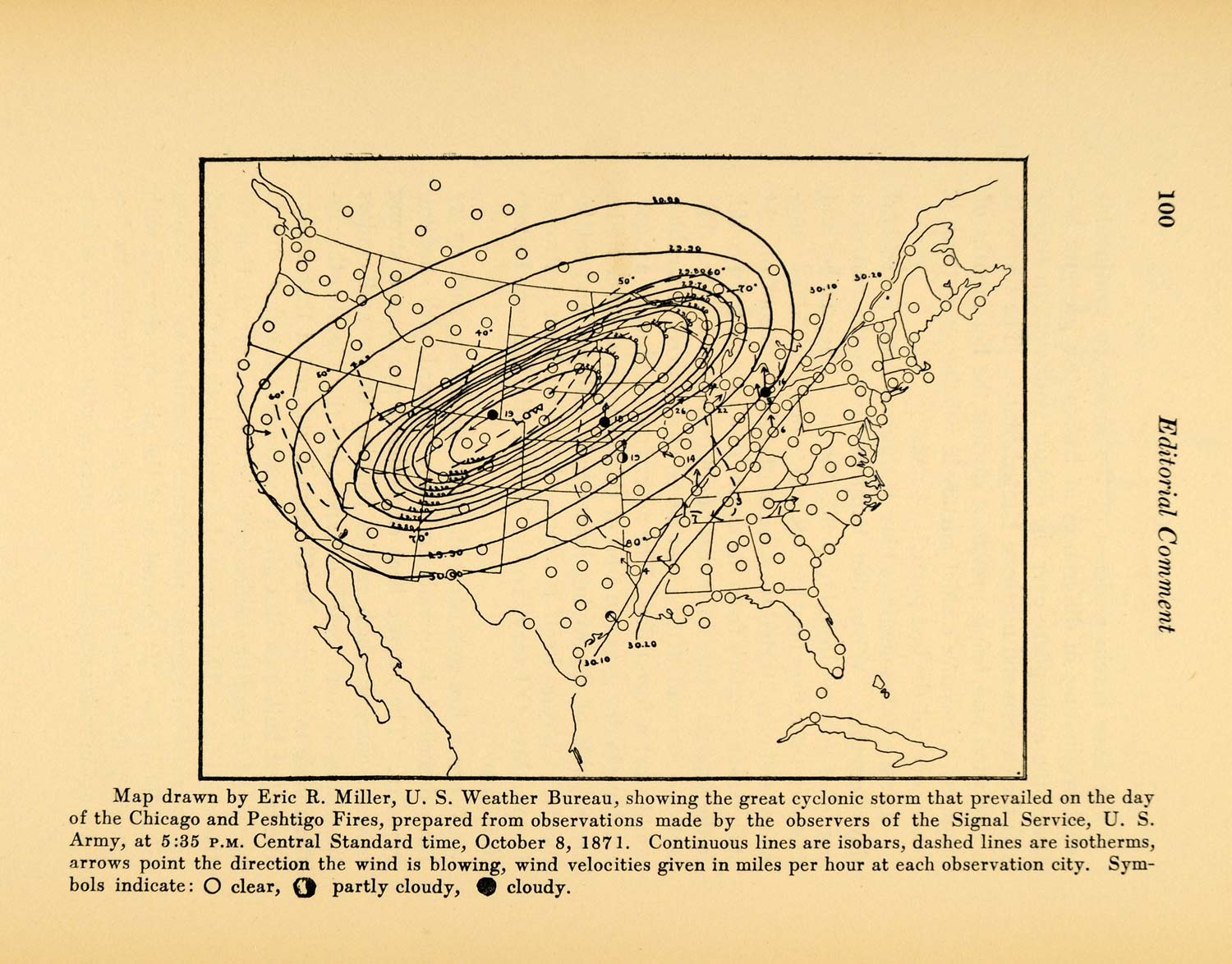 1927 Print US Weather Bureau Cyclonic Storm Map 1871 - ORIGINAL HISTORIC WIS1