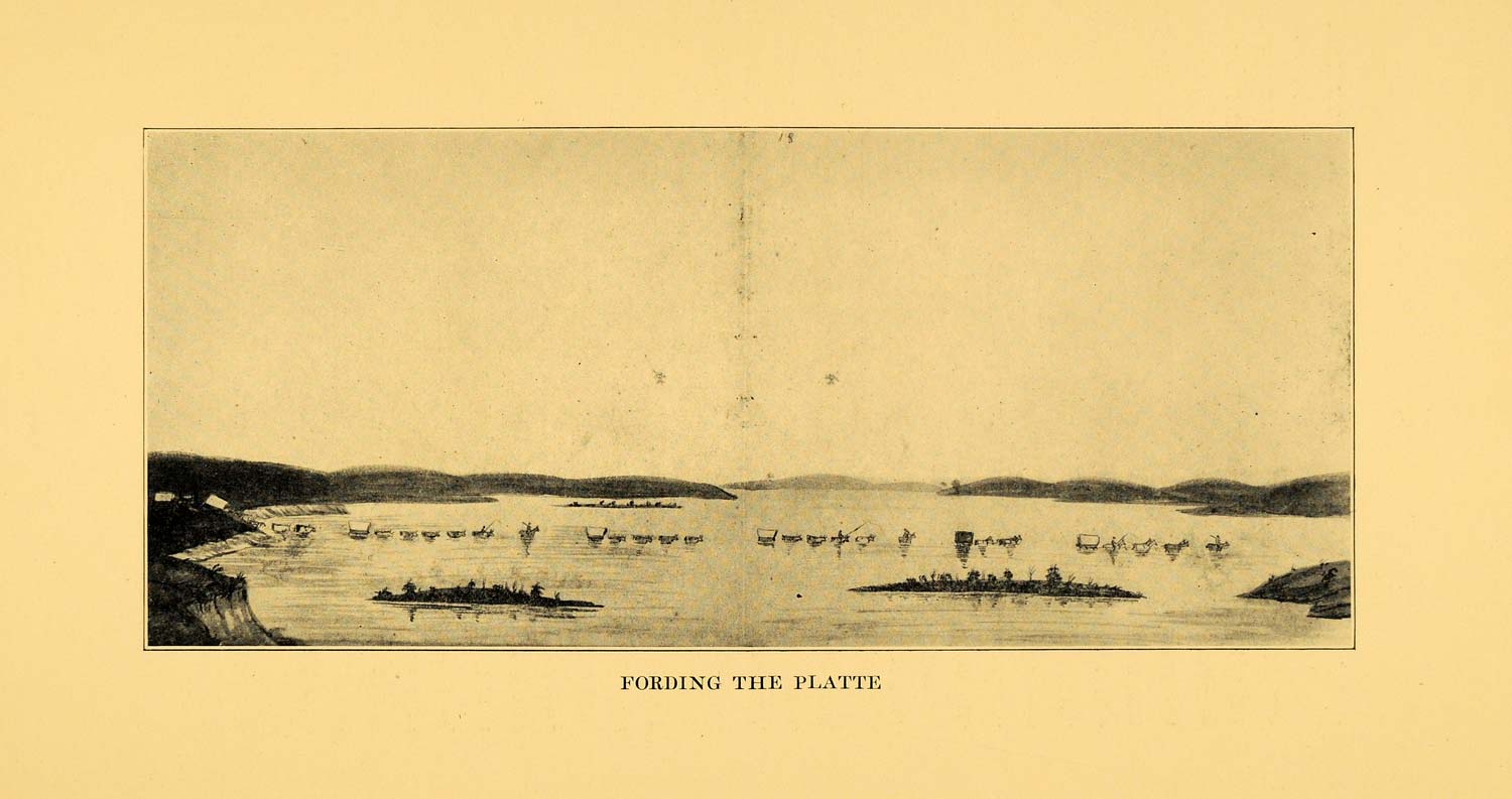1928 Print Illustration Fording the Platte River - ORIGINAL HISTORIC IMAGE WIS1