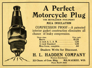 1914 Ad Motorcycle Plug Bethlehem Five-Point H L Hadden Commerce Milwaukee WM1