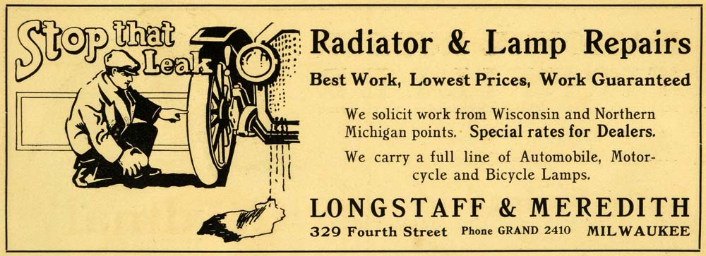1914 Ad Radiator Lamp Car Repairs Longstaff Meredith Automobile Leaks WM1
