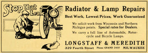1914 Ad Radiator Lamp Car Repairs Longstaff Meredith Automobile Leaks WM1