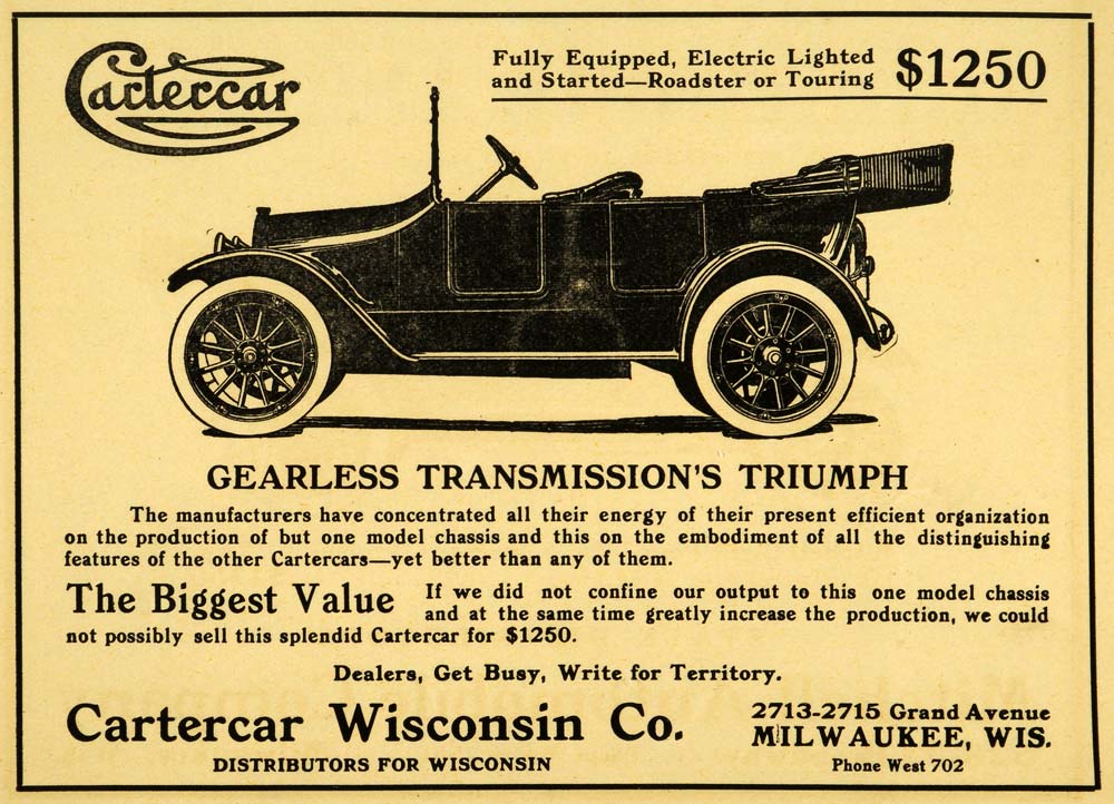 1914 Ad Cartercar Wisconsin Electric Lighted Started Roadster Automobile WM1