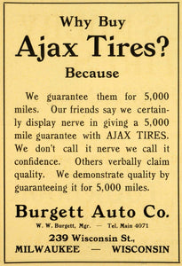 1914 Ad Ajax Tires Burgett Auto 239 Wisconsin Street Milwaukee Automobile WM1