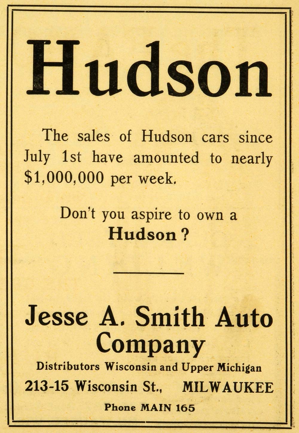 1914 Ad Hudson Cars Jesse A Smith Auto Dealership Milwaukee 213 Wisconsin WM1