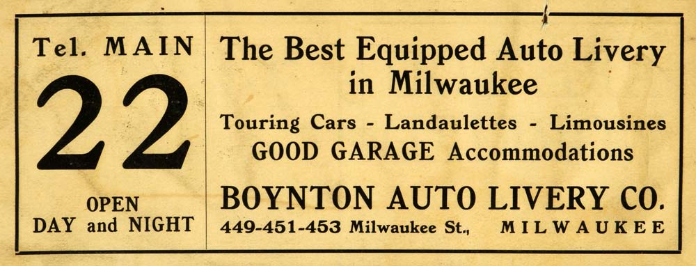 1914 Ad Boynton Auto Livery Milwaukee Car Dealership 22 Milwaukee Automobile WM1