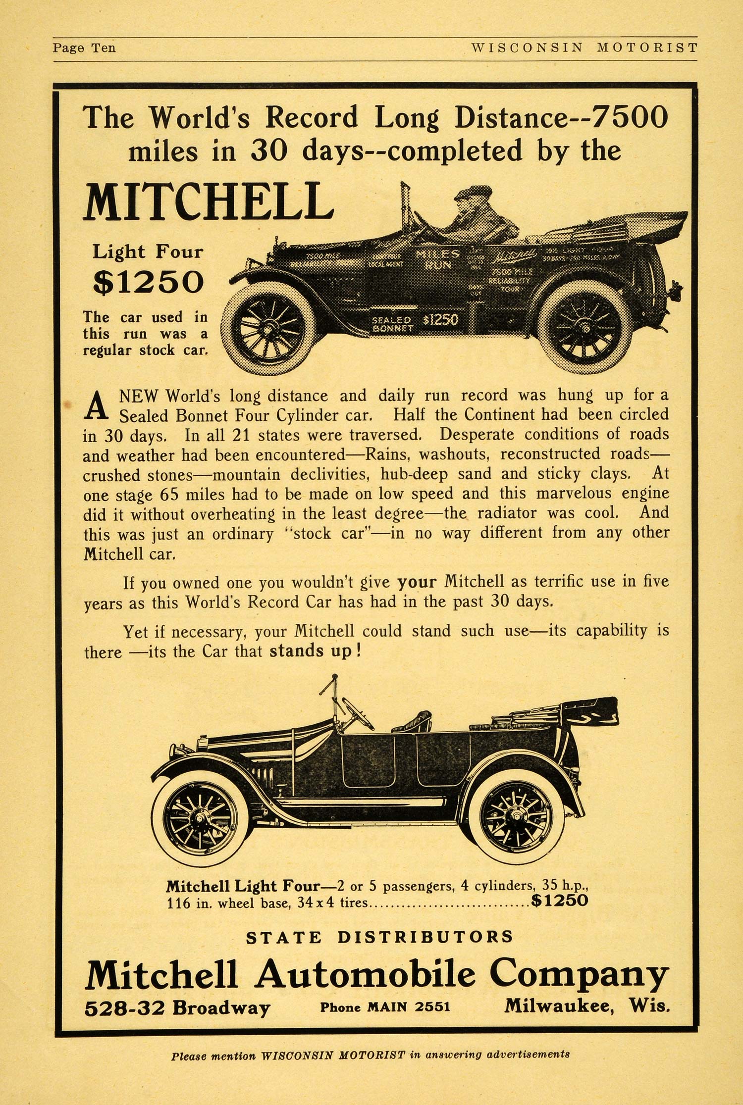 1914 Ad Mitchell Automobile Milwaukee Light Four Automobile Sealed Bonnet WM1