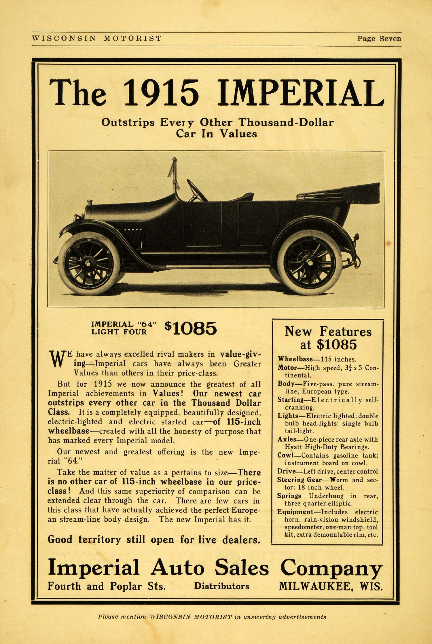 1914 Ad 1915 Imperial Auto Sales Milwaukee 64 Light Four Automobiles Poplar WM1