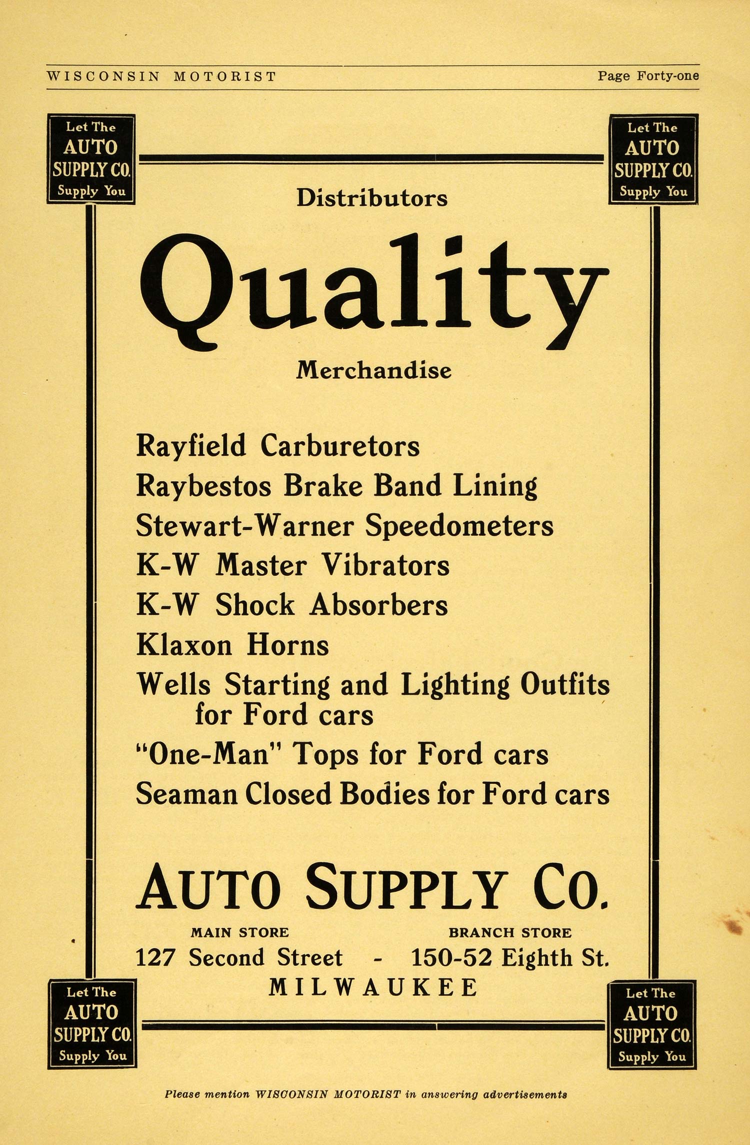 1914 Ad Auto Supply Company Milwaukee Second Eighth Street Car Parts K-W WM1