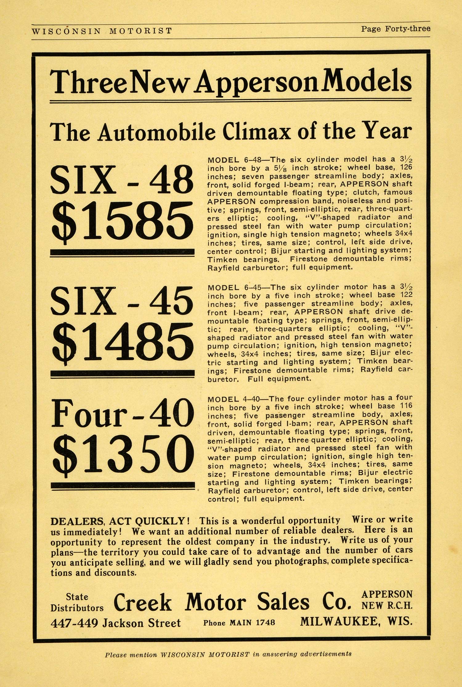 1914 Ad Apperson Models Six-48 Six-45 Four-40 Creek Motor Sales Milwaukee WM1
