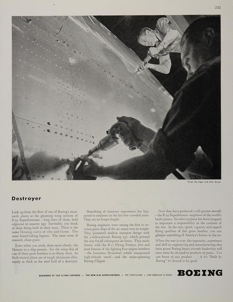 1944 Ad WWII Boeing B-29 Superfortress Assembly Worker Wartime Airplane WW2-1
