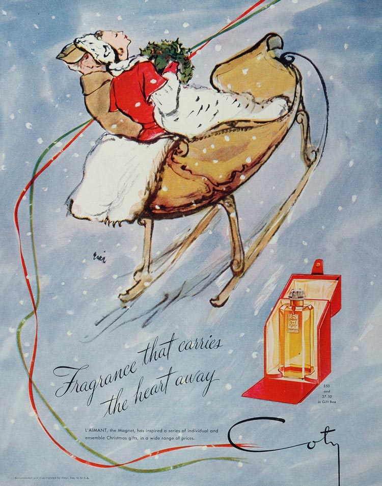 1944 Ad WWII Coty L'Aimant Perfume Sleigh Soldier Snow Wartime Hygiene WW2-1