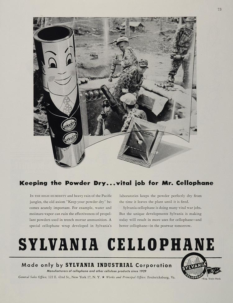 1944 Ad WWII Sylvania Cellophane Wrap Soldier Mortar Pit Wartime New York WW2-1