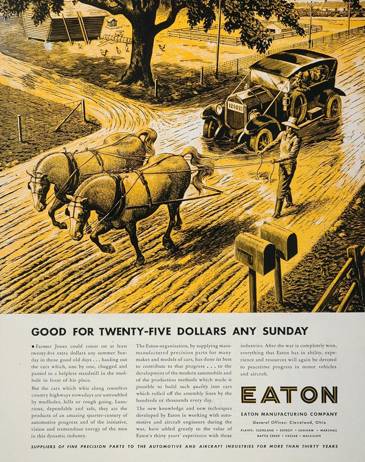 1944 Ad Eaton WWII Vintage Car Farmer Horse Muddy Road Wartime WW2-1