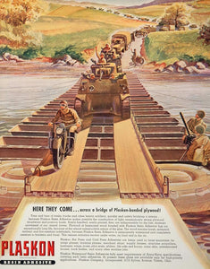 1943 Ad WWII Tank Convoy Pontoon Bridge Plaskon Plywood Wartime Resin WW2-1
