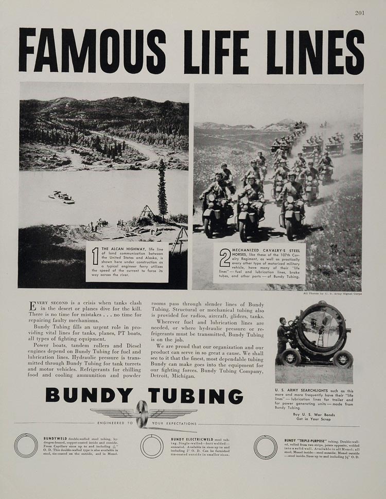 1943 Ad WWII Bundy Tubing Alcon Highway 107th Cavalry Wartime WW2-1