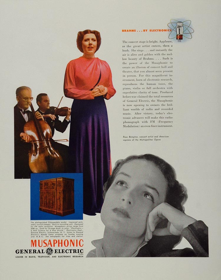 1943 Ad GE Musaphonic Radio Phonograph Rose Bampton - ORIGINAL ADVERTISING WW2-1
